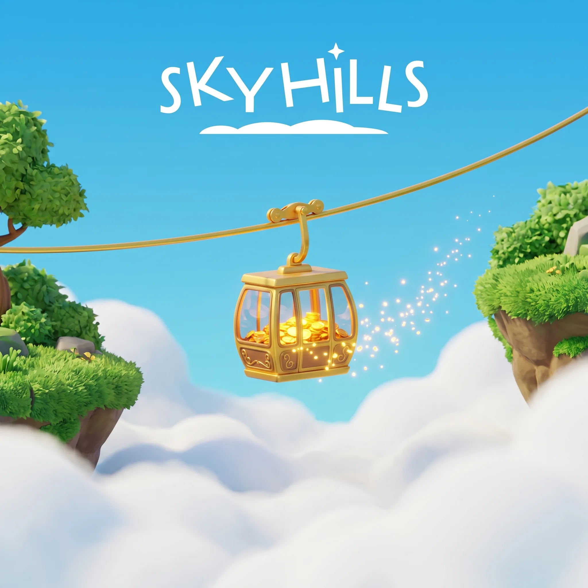 A golden gondola carrying coins between floating islands