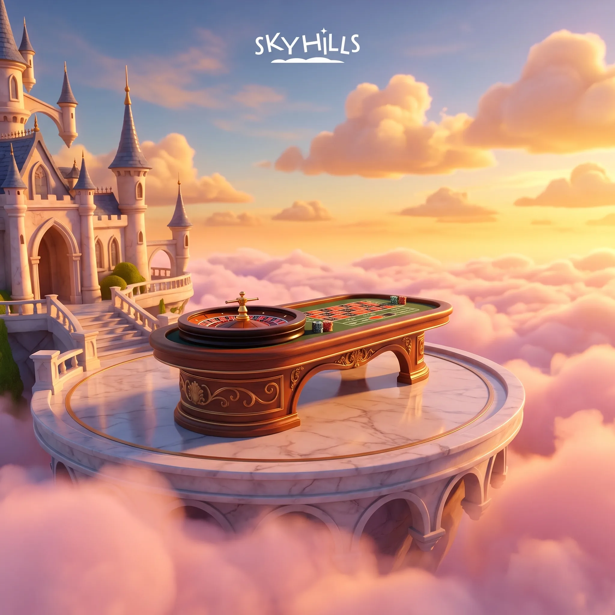 A roulette table above the clouds beside the SkyHills castle