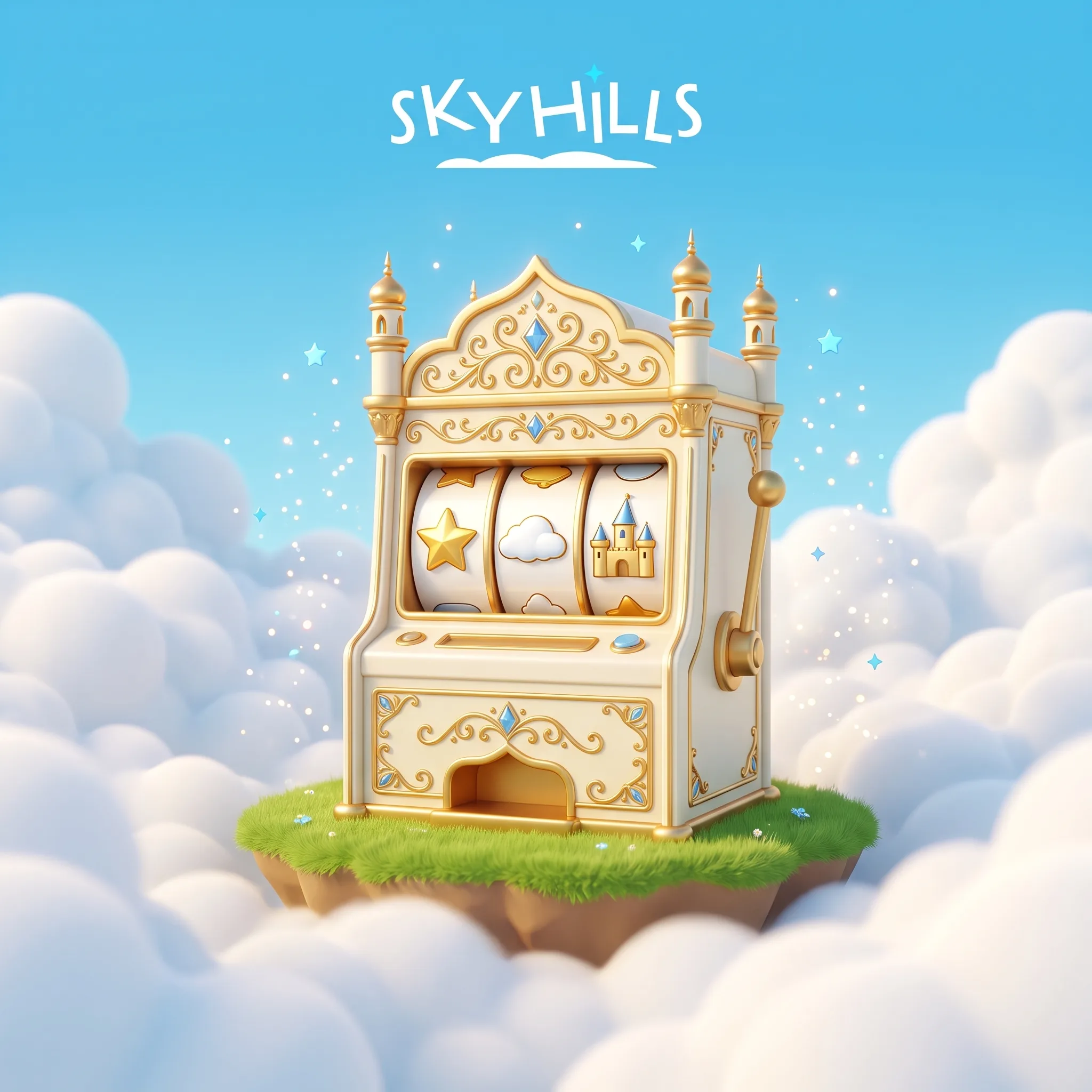 A golden SkyHills slot machine on a floating island